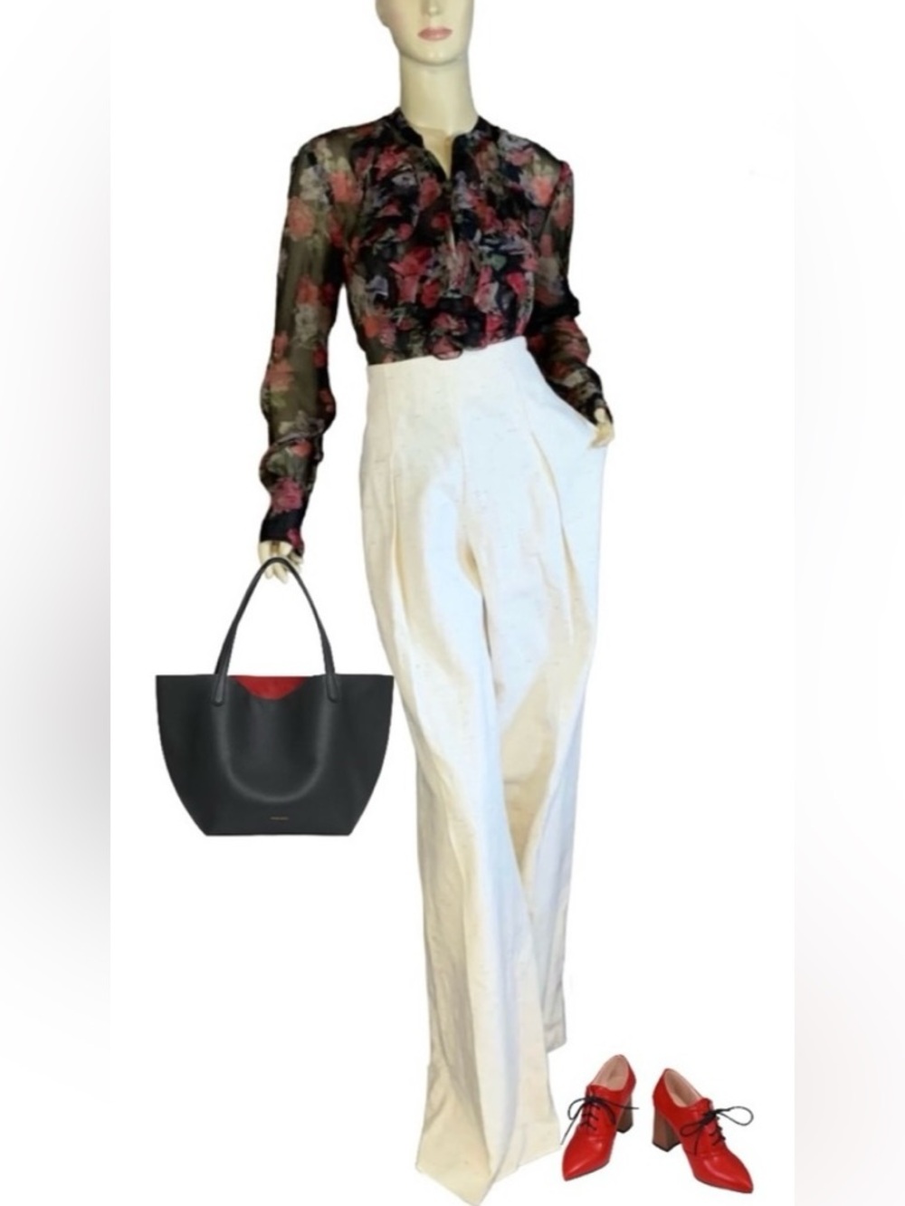 LAUREN RALPH LAUREN BLACK & RED FLORAL PRINT CHIFFON RUFFLE BLOUSE (M)